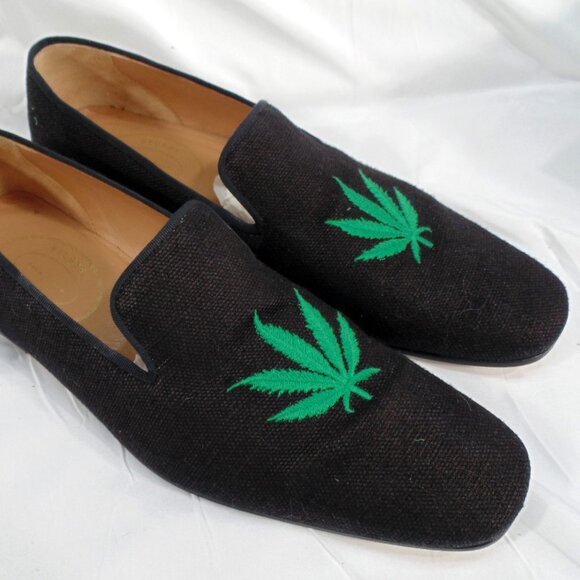 Stubbs & Wootton Bespoke Motif Slipper Loafer Slip On Linen Shoes Pot Leaf Weed - Picture 3 of 6